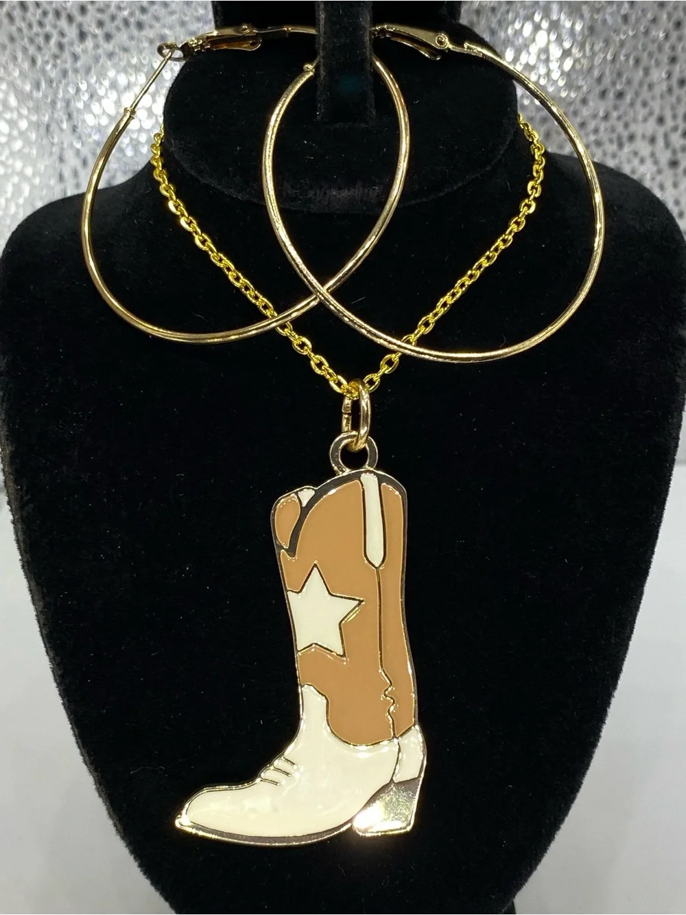 *** Southwestern ^^^ Cowboy Boot Pendant Necklace /  Hoop Earrings *